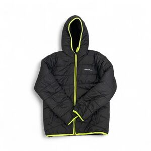 Eddie Bauer Black neon greenfleece puffer jacket reversible hoodie boys L 14-16